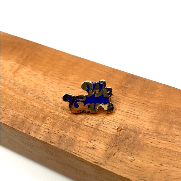 Unbranded Jewelry - Vintage “We Care” Enamel Pin Gold Tone Blue Script Employee Volunteer Retro